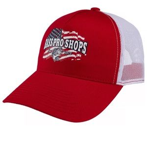 🌻Bass Pro Shops 🎣 Mesh Back Flag Hat🧢 Red & White 🇺🇸 Patriotic 🇺🇸 NEW